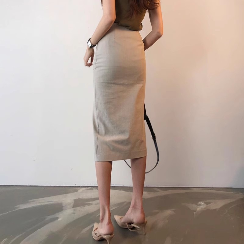 Jupe crayon mi-longue fendue taille haute pour femme en coton et lin, élégante pour le bureau