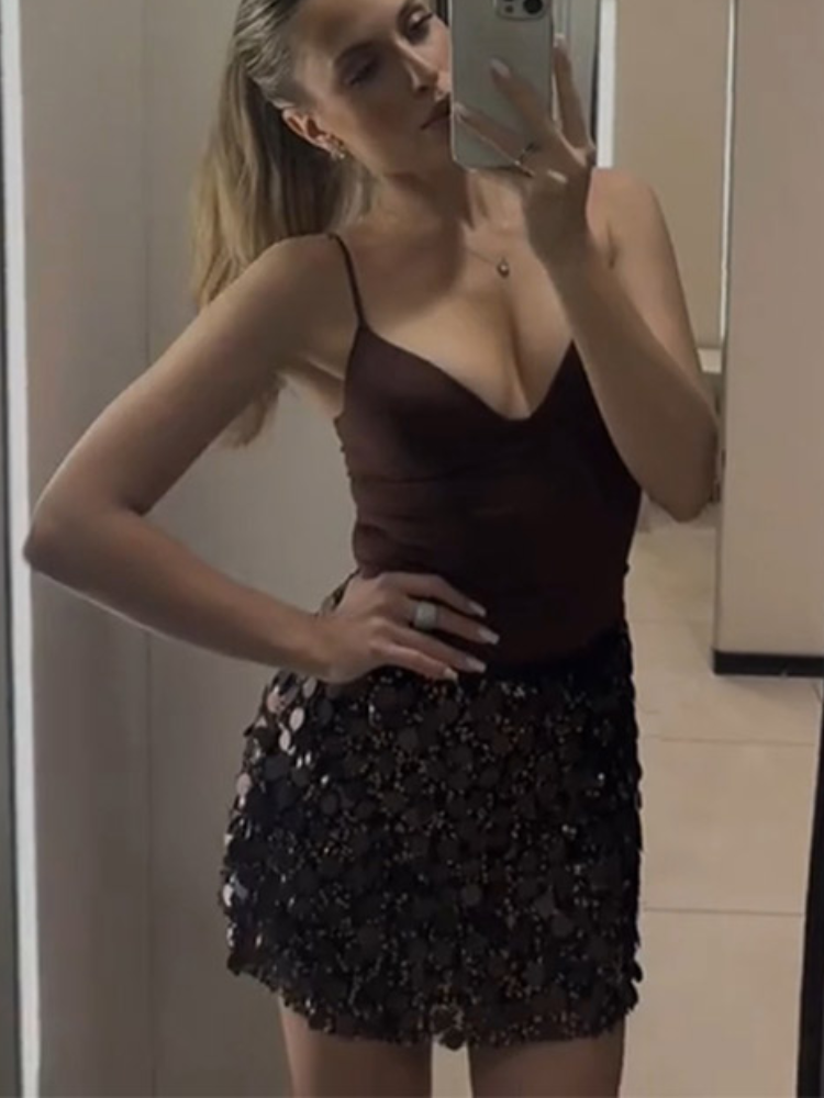 Mini jupe Chic à paillettes pour femmes, Sexy, Slim, brillante, courte, printemps été, plage, couleur unie, vacances, Streetwear, vêtements pour dames, 2025