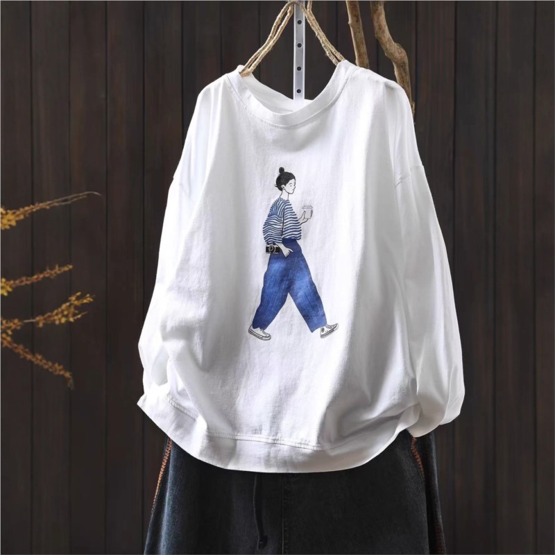 Automne femmes T-shirt 2025 nouveau décontracté col rond imprimé à manches longues pulls rétro hauts