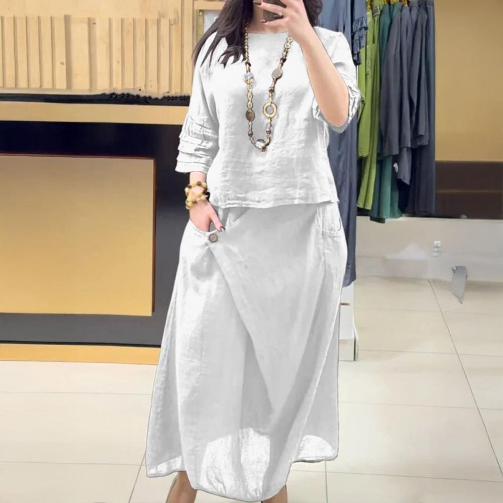 Tenue d'été pour femmes, col rond, manches courtes, haut ample, jupe Midi, ensemble décontracté 2 pièces, ensemble de salon, pull et jupes trapèze