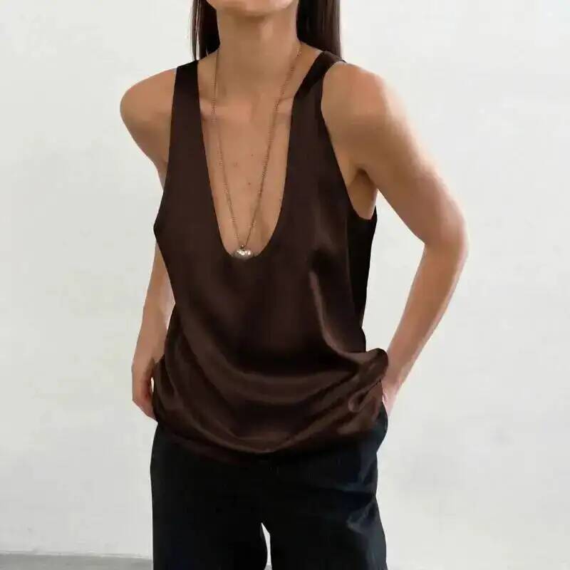 Débardeur en satin à col en U sans manches pour femme, style urbain polyvalent noir et blanc, avec doublure intérieure polyvalente