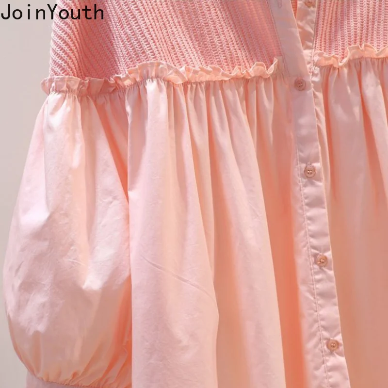 Chemisiers en coton femmes Patchwork rose chemise ample été doux volants Blouse col rond lanterne manches hauts 2025 Blusas Mujer De Moda