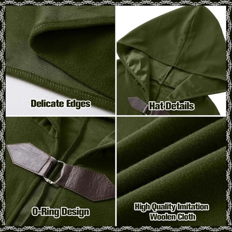 Cape médiévale verte à capuche avec broche feuille et collier, ensemble vintage d'elfe ranger, cape de cosplay Halloween Renaissance pour adulte