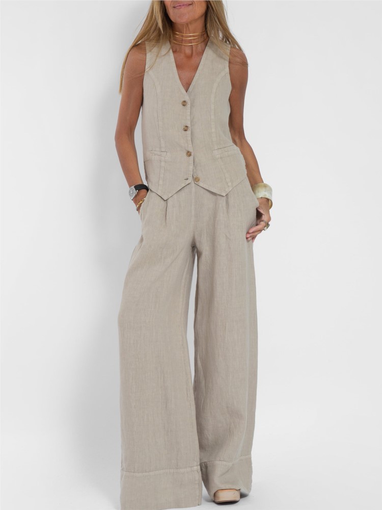 Ensemble 2 pièces en coton et lin pour femmes, couleur unie, gilet à la mode, hauts et pantalons longs, costume Patchwork, tenues décontractées, nouvelle collection été 2025