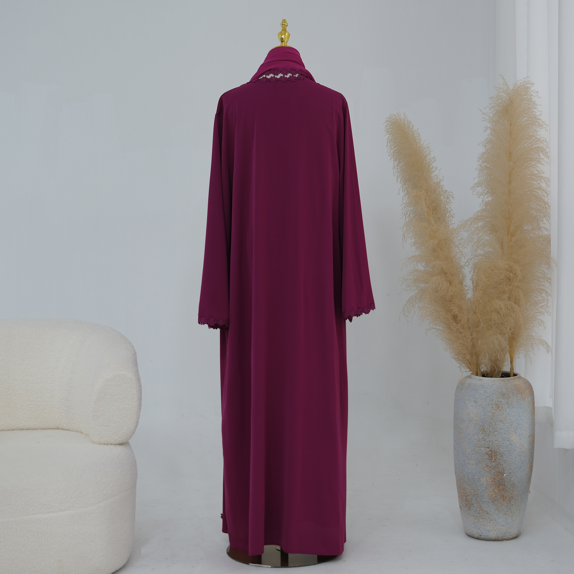 Abaya musulmane pour femmes avec accent floral en dentelle d'été, avec châle hijab, pour soirée, fête, Eid, vêtements islamiques - Coupe régulière, poches latérales