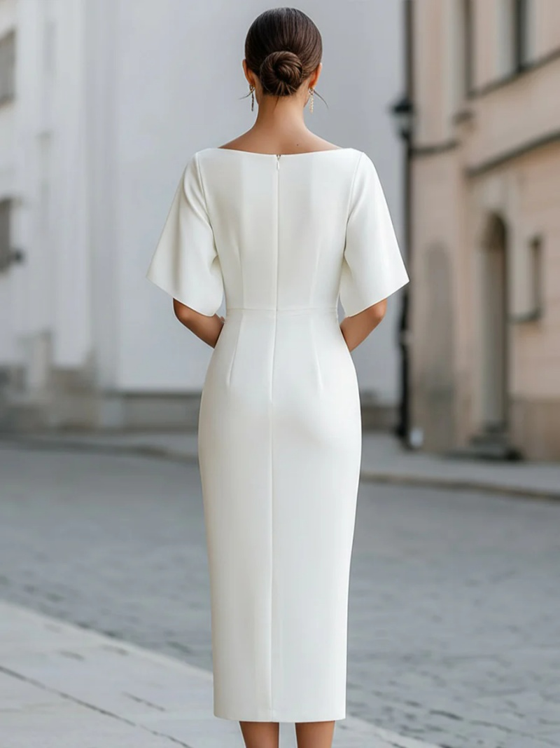 Robe de soirée élégante à col bateau et manches mi-longues, taille ajustée, longueur midi