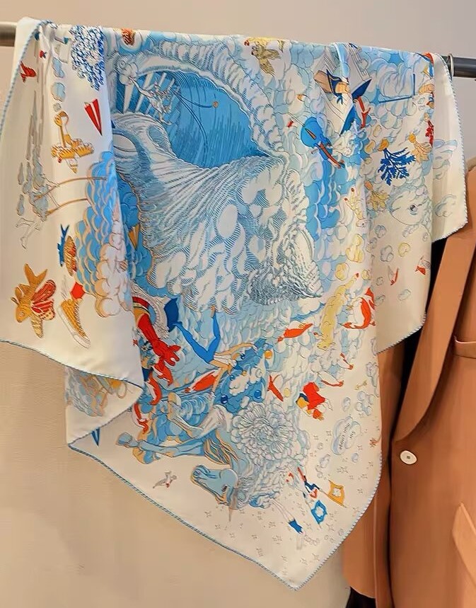 Foulard carré de luxe imprimé en soie de mûrier 90 cm pour femme, grand châle en satin, bandana, foulard de tête, bandeau