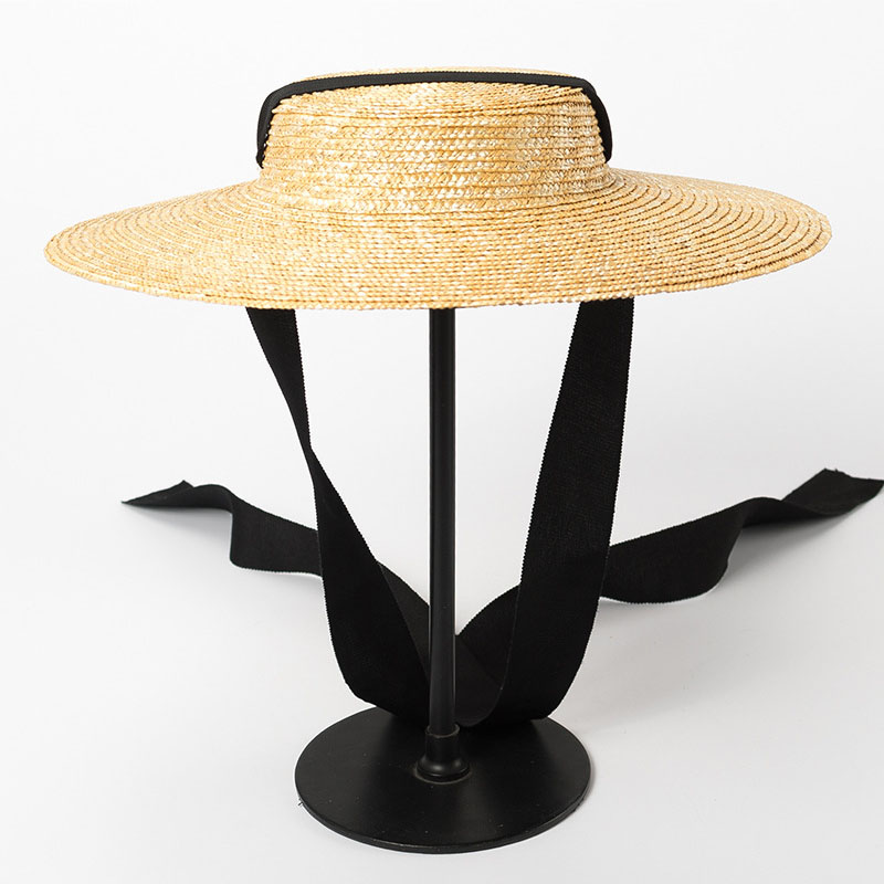 Chapeau de plaisancier à large bord 10cm 15cm, chapeau de paille plat pour femmes, chapeau d'été Kentucky Derby, blanc, noir, cravate avec ruban, chapeau de soleil, casquette de plage