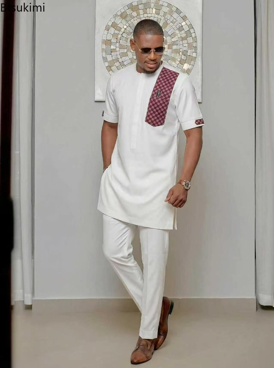 Ensemble deux pièces Kaftan pour homme, tenues de mariage Kaunda, vêtements ethniques africains traditionnels décontractés, vêtements musulmans, haut et pantalon pour homme, nouveauté