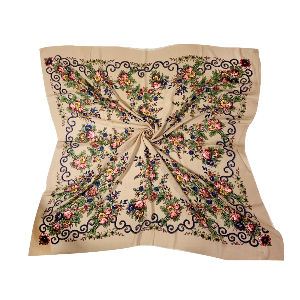 Foulard carré russe fin et respirant pour femmes, 120x120cm, Bandana de luxe imprimé Floral, châle, Foulard de plage