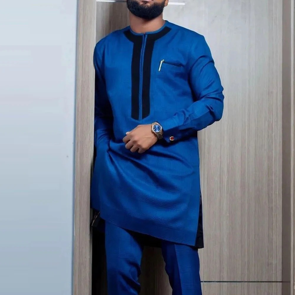 Ensemble africain traditionnel ethnique pour hommes, col rond, poche, proximité en Y, Wstring, Fjsoak, ensemble décontracté, tenues africaines, 2 pièces