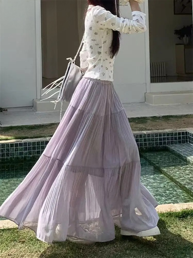 Nouvelle jupe plissée trapèze longue taille haute en gaze fine pour femme, collection Printemps-Été 2025 – Chic et élégante