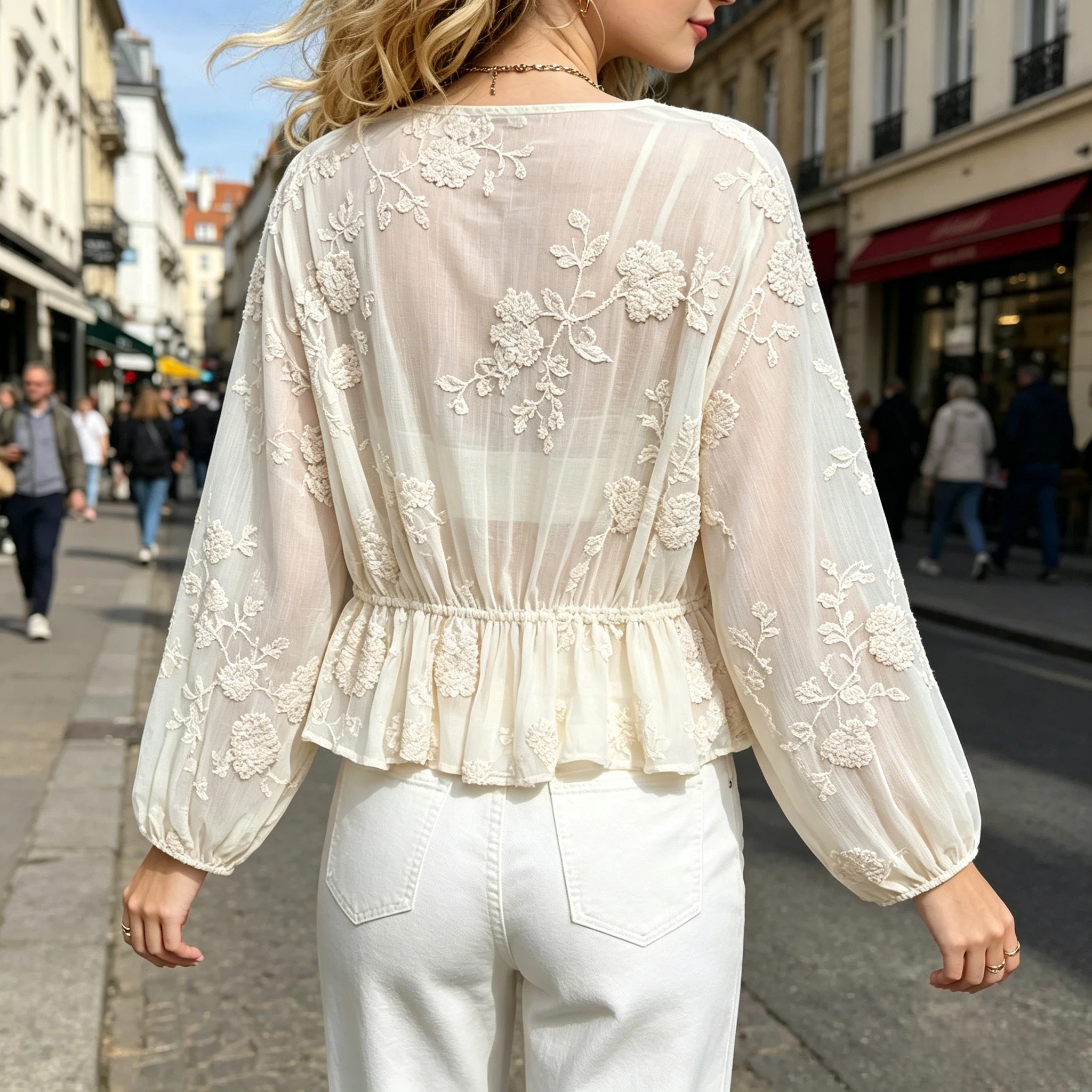 Chemisier d'été transparent pour femme, coupe ample, brodé, col en V, manches longues, avec ceinture à nouer, respirant, décontracté