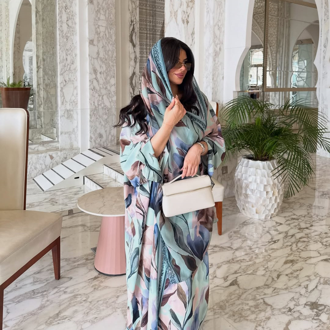 Ensemble 2 pièces Abaya Hijab imprimé pour femme, Robe Cardigan Khimar, Abayas musulmanes, Caftan, Jalabiya, style Maroc Dubaï, pour l'Aïd et le Ramadan