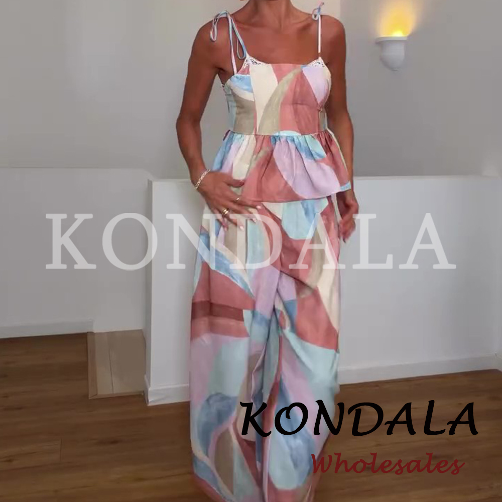 KONDALA Fashion 2026 Ensemble décontracté imprimé pour femme, idéal pour les vacances à la plage : débardeur slim et pantalon long à jambes larges, élégant pour femme