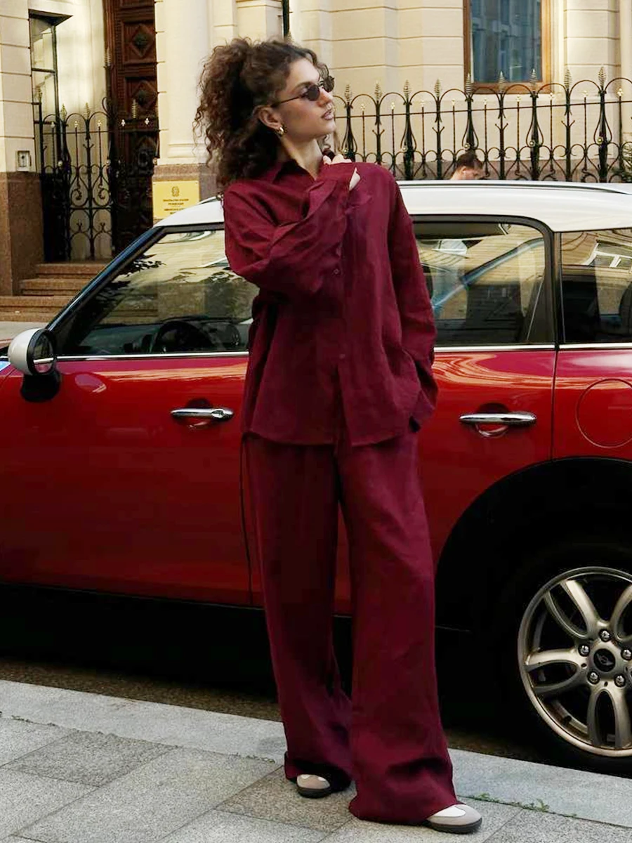 Ensemble pantalon décontracté en coton pour femmes, couleur unie, chemise confortable à revers, manches longues, tenue d'été, taille élastique, 2025