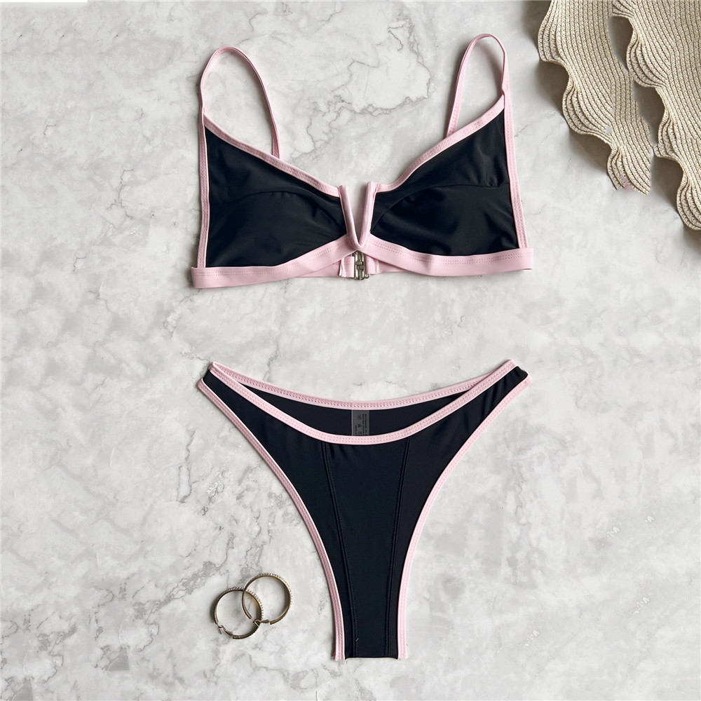 Ensembles de bikinis noirs sexy avec bordure rose, maillot de bain col en V pour femme 2026, micro string, coupe haute, maillot de bain, bikinis de mujer, biquini