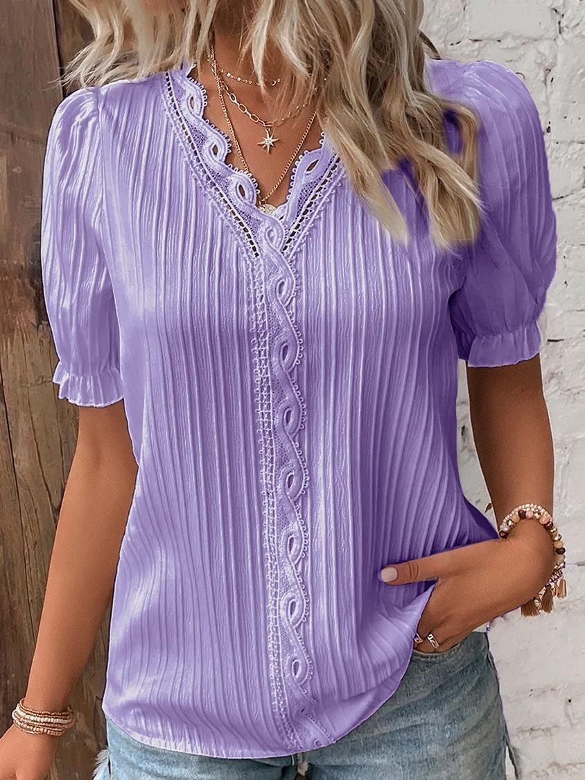 Femmes élégantes Blouse chemise col en V dentelle Patchwork chemises à manches courtes pour les femmes été montre de sport blanc