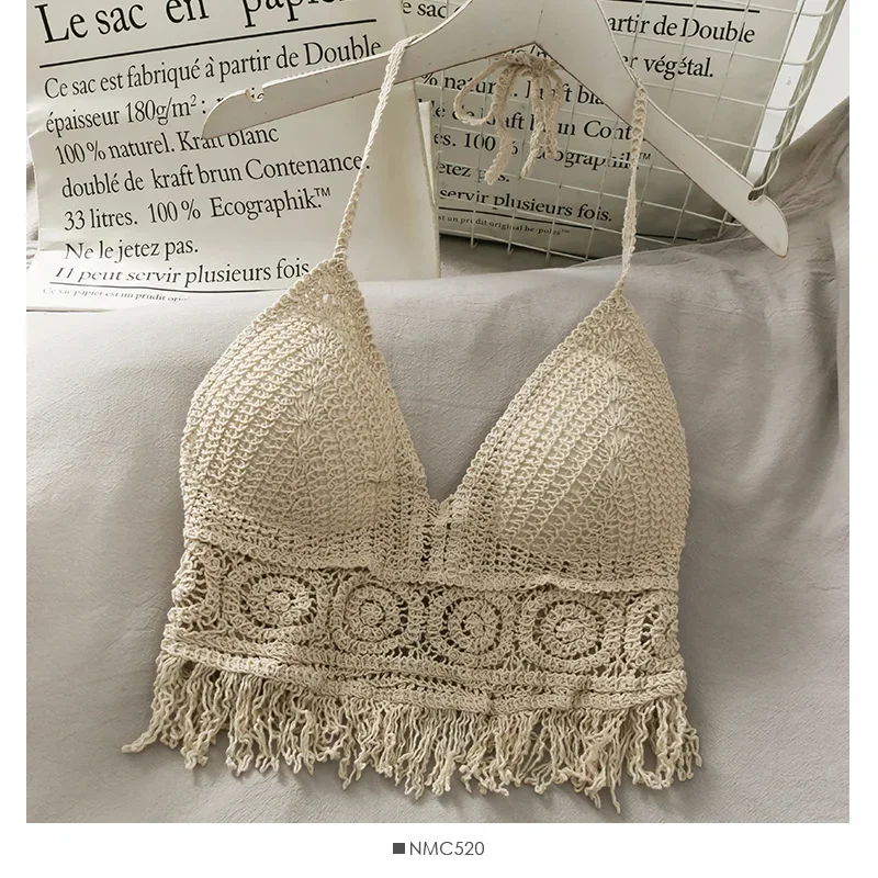 Soutien-gorge dos nu en tricot au crochet pour femme, caraco de plage, licou de vacances, glaHollow Tassel, haut précieux, haut court pour femme, mode