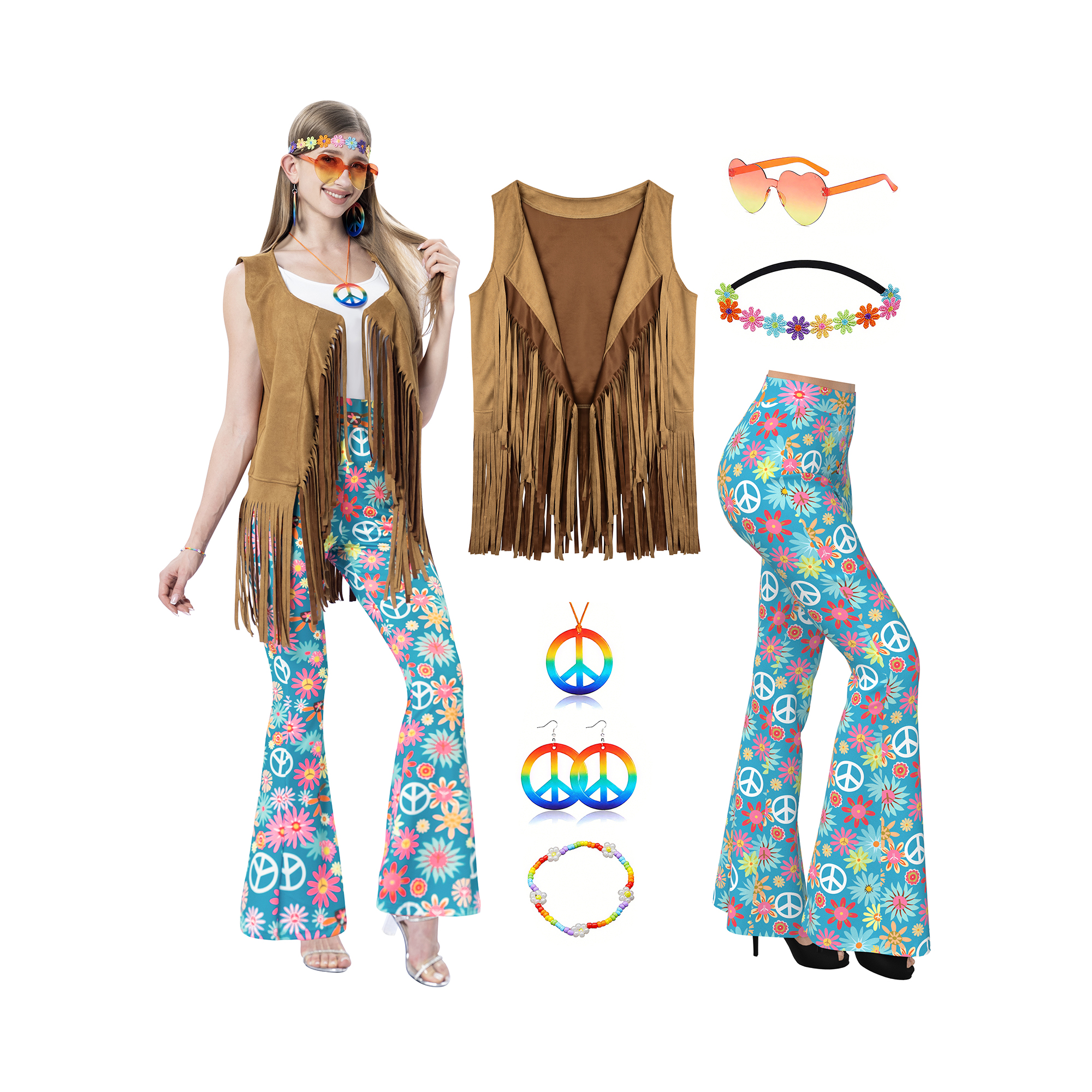 Tenues pour femmes des années 60 et 70, costume hippie rétro, gilet à franges avec signe de paix, ensemble de pantalons évasés pour fête d'Halloween
