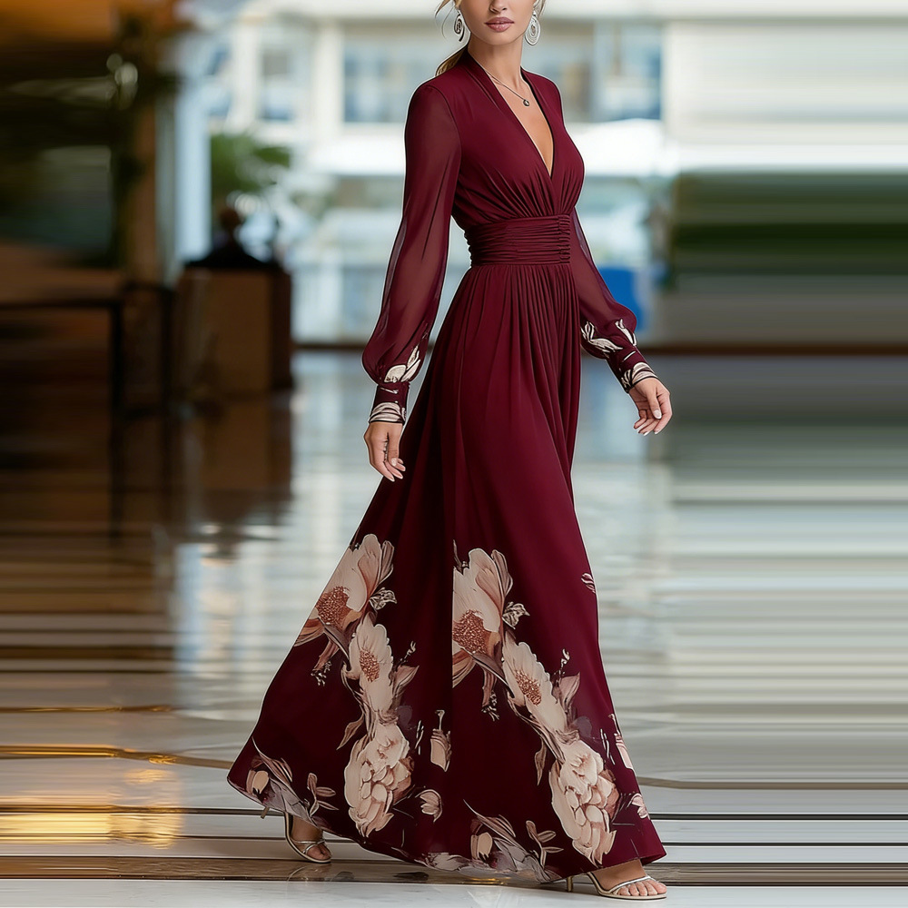 Robe longue décontractée en mousseline à manches lanternes pour femme, imprimé floral élégant, col en V sexy, taille haute, coupe évasée, collection Printemps-Été