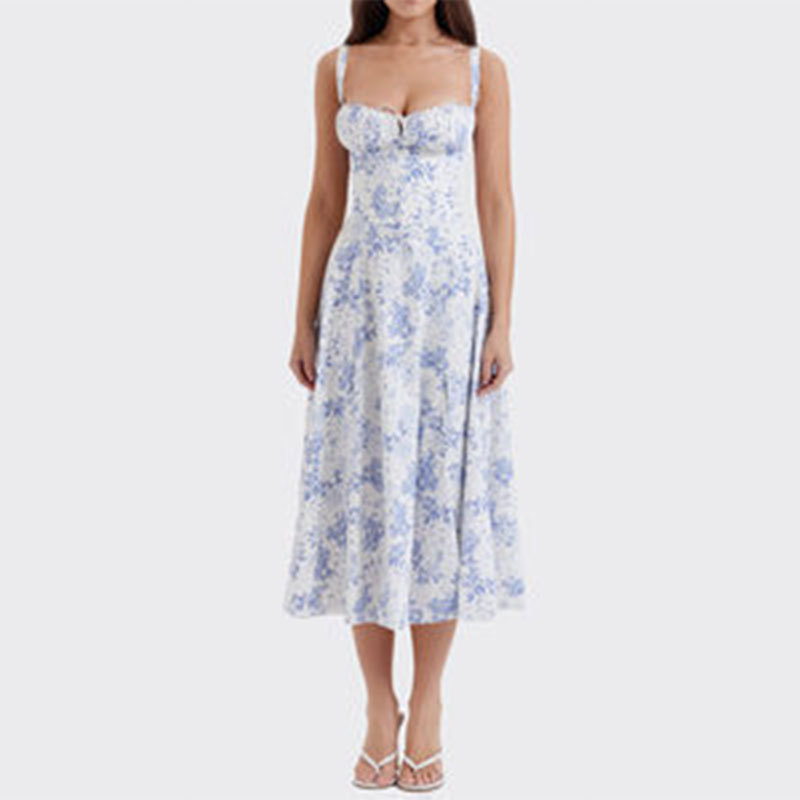 Femmes robe d'été 2024 mode imprimé fleuri licou fronde col en V soutien-gorge sans manches doux femme mi-mollet robes robes GHH24128
