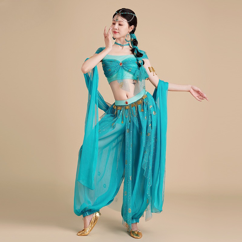Costume de princesse arabe Jasmines, Cosplay, lampe d'aladdin, robe de danse indienne, ensemble vert pour femmes, tenue de jeu de rôle pour fête d'halloween