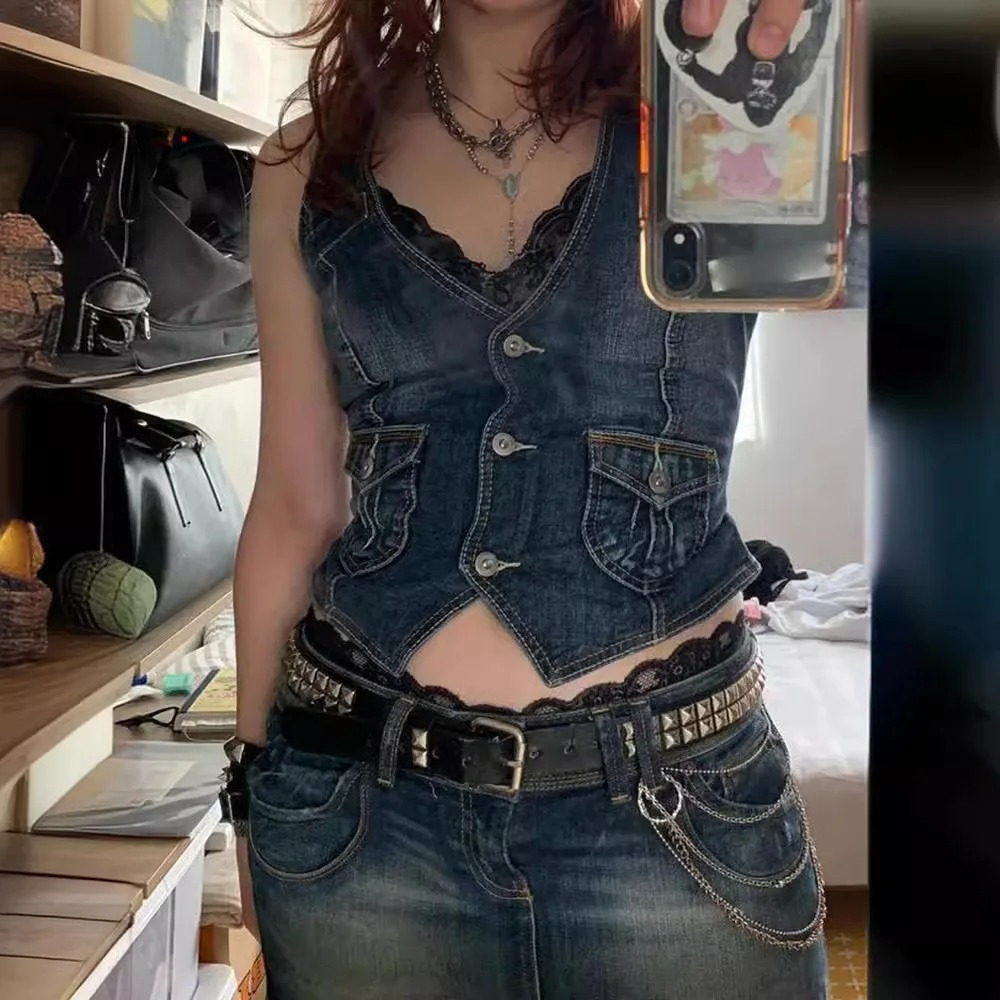Femmes Denim gilet veste sans manches lavé col en V simple boutonnage poches gilets minces Streetwear femme été Vintage gilet