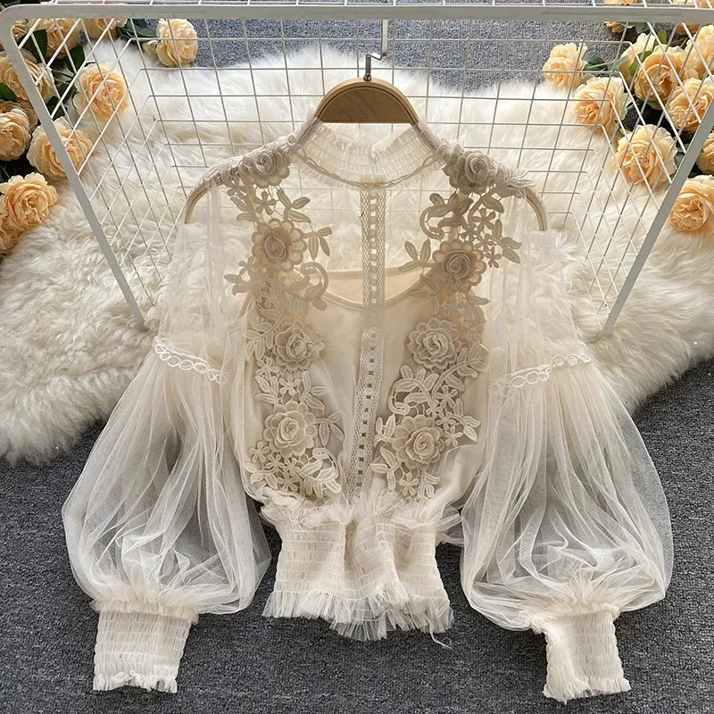 Dentelle bouffée à manches longues blouse vintage mode blouses élégant femme blusas coréen femme hauts femmes chemises vêtements livraison directe