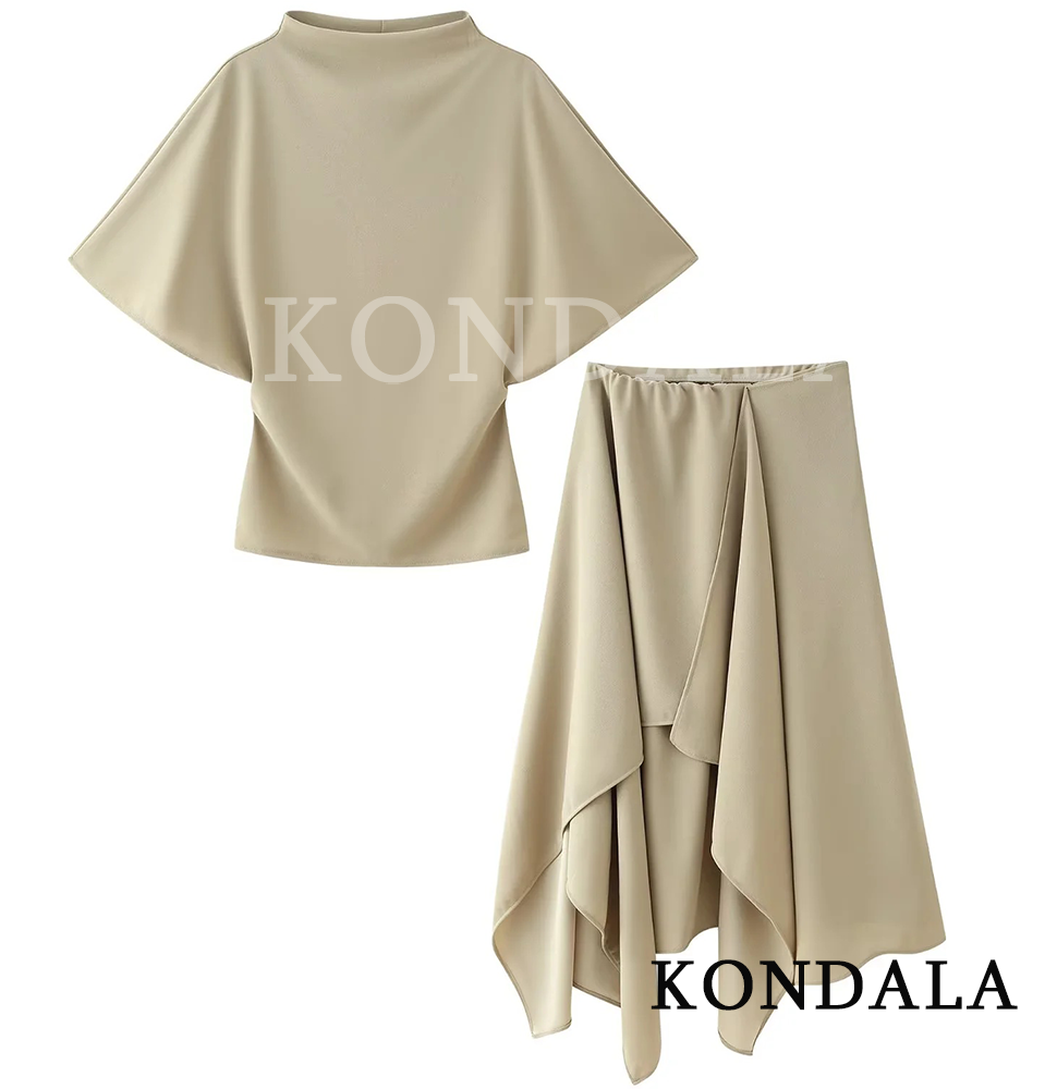 Ensemble jupe tendance KONDALA pour femme : haut à col semi-montant et jupe asymétrique – Nouvelle collection Printemps-Été 2026 pour la plage et les vacances