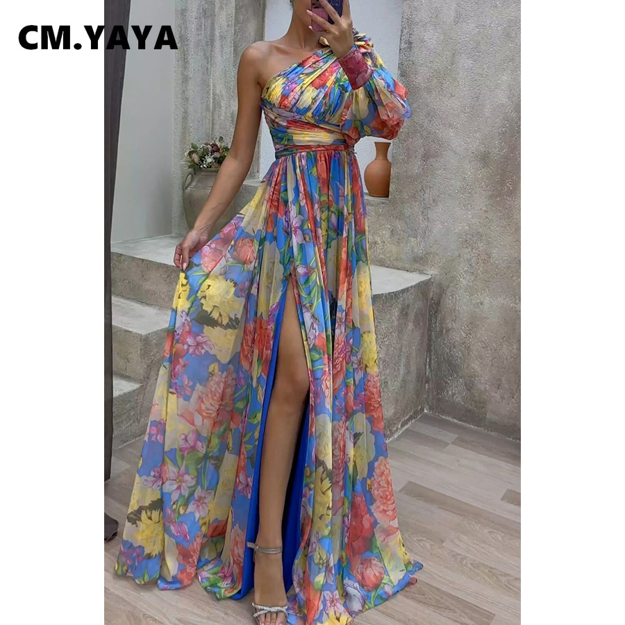 CM.YAYA femmes imprimé fleuri une manches longues haute fente a-ligne en mousseline de soie Maxi longue robe 2025 vacances anniversaire plage Boho robes