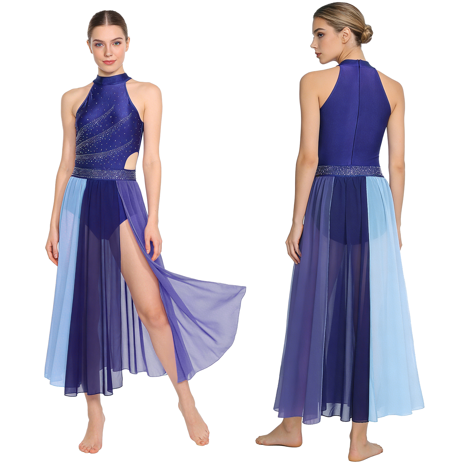 Robe de danse lyrique pour femmes, tenue de scène de danse moderne, costume de fête, sans manches, strass, maille, fente sur le bas, justaucorps, vêtements de danse