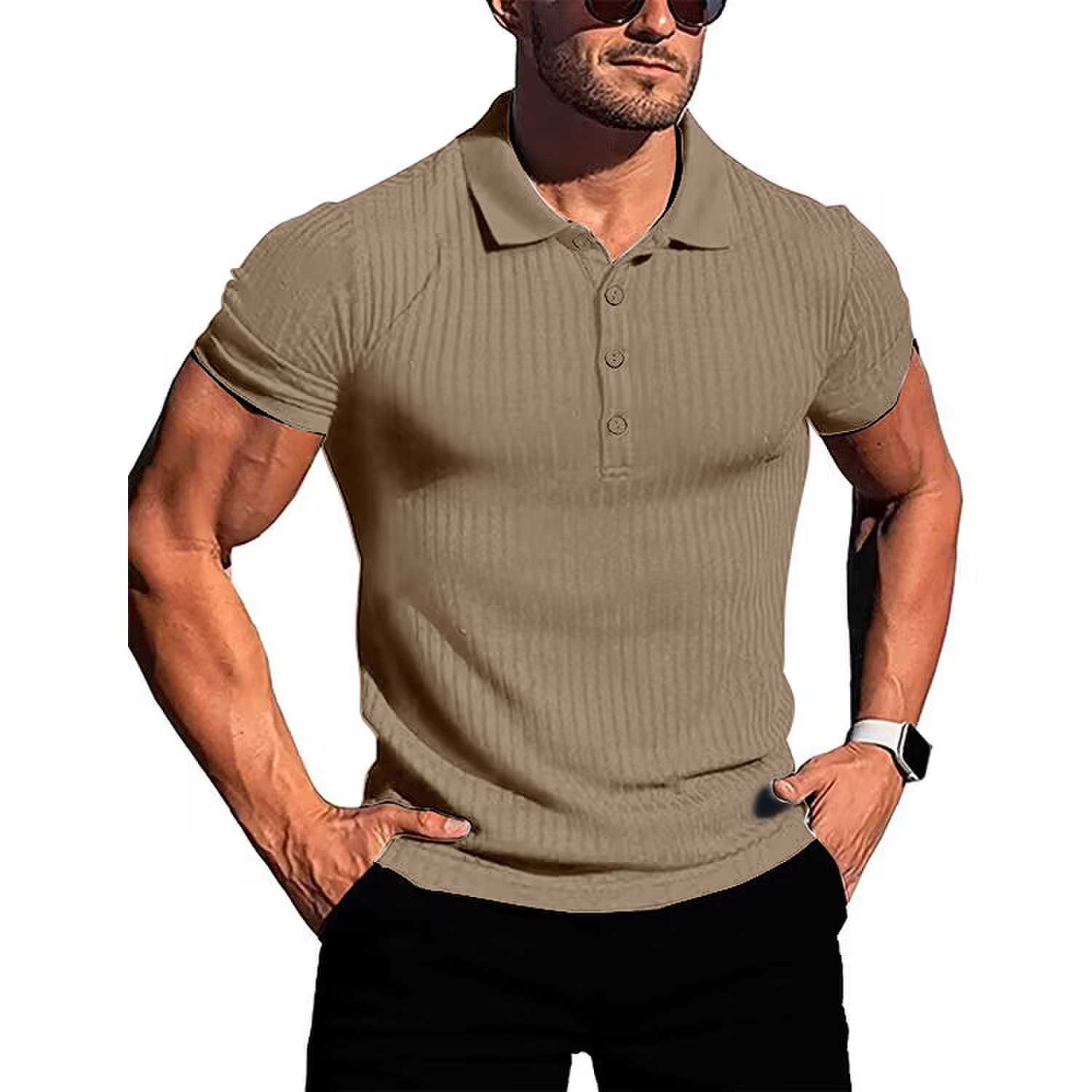 POLO vertical à manches courtes pour hommes, vêtements de sport, de course, de fitness, d'été, très extensible, chemise de base en tricot mince