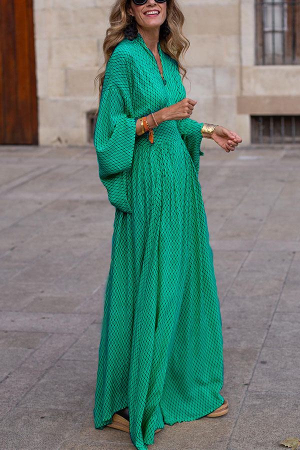 Vintage Boho femmes tenue décontractée printemps automne mode col en v Lantem manches plis taille ample Maxi robes de rue pour les femmes