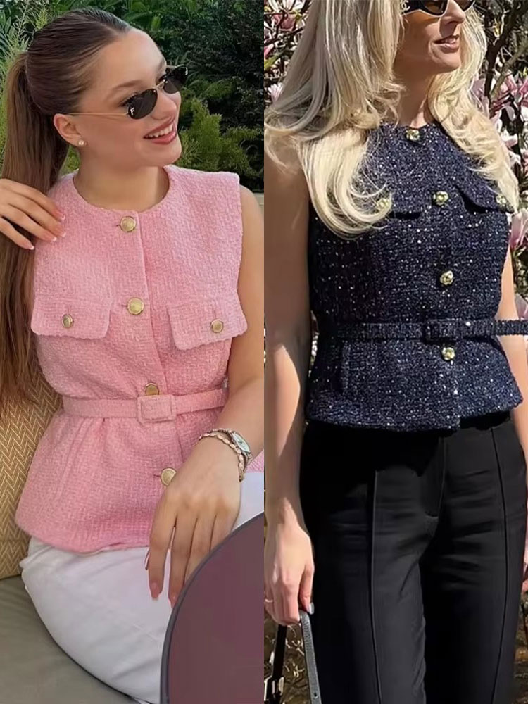 Gilet en tweed rétro élégant pour femme HH, ajusté à la taille, boutonné, sans manches, style classique, décontracté, vintage, pour tenues de fête