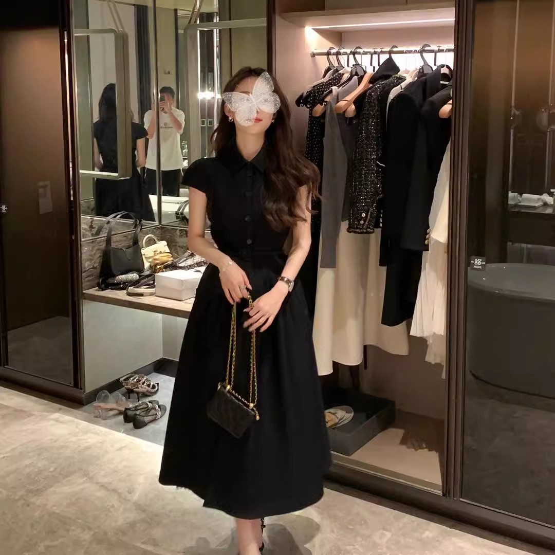 Robe à la mode pour femmes, style français, robe Hepburn pour le bureau, robe parapluie unie à manches courtes, chemise-robe noire à manches courtes