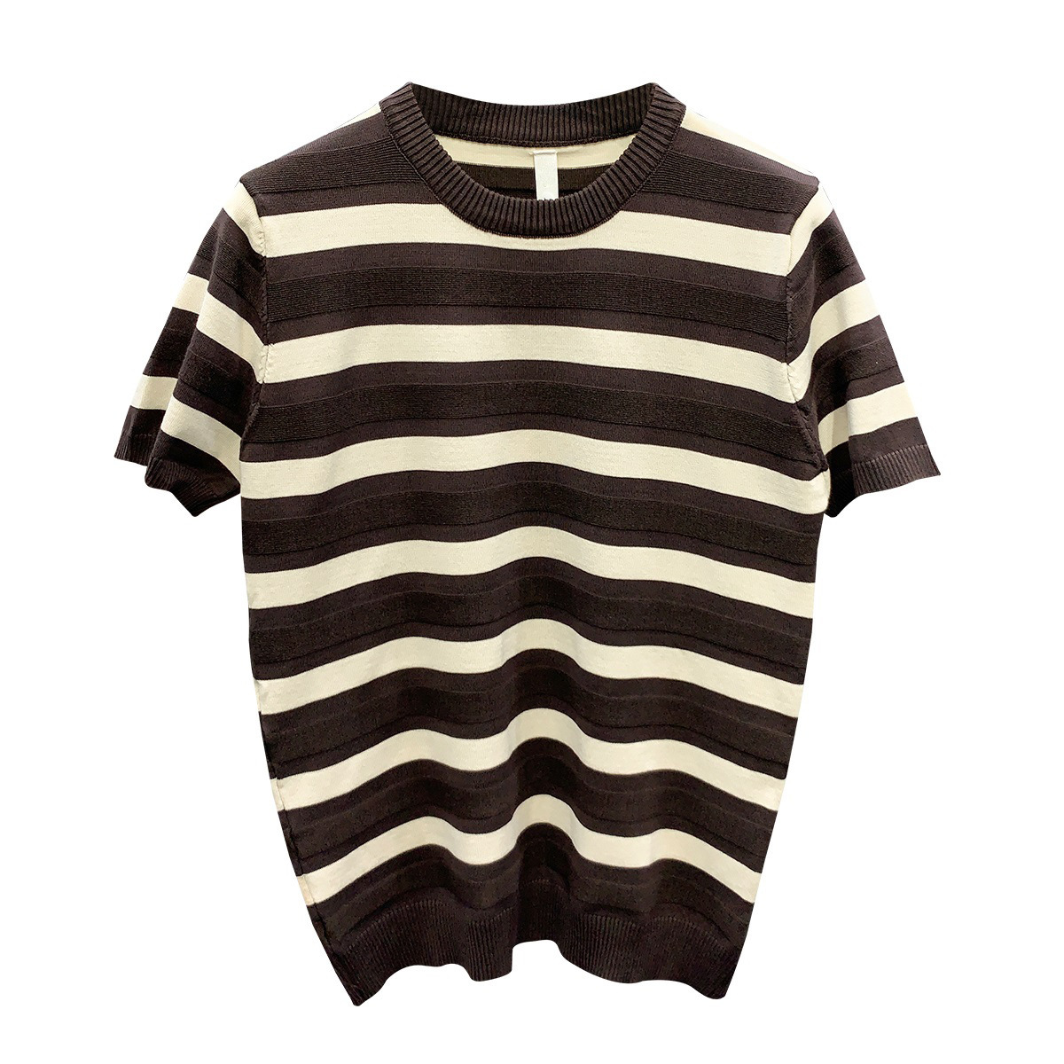 T-shirt en soie glacée tricoté à manches courtes et col rond pour homme, rayé, tendance estivale, en fibre de polyester rafraîchissante
