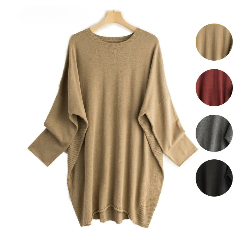 Pull tricoté ample à manches longues et col rond pour femme, vêtement d'automne/hiver, mélange de cachemire 85% soie de mûrier naturelle, 15%