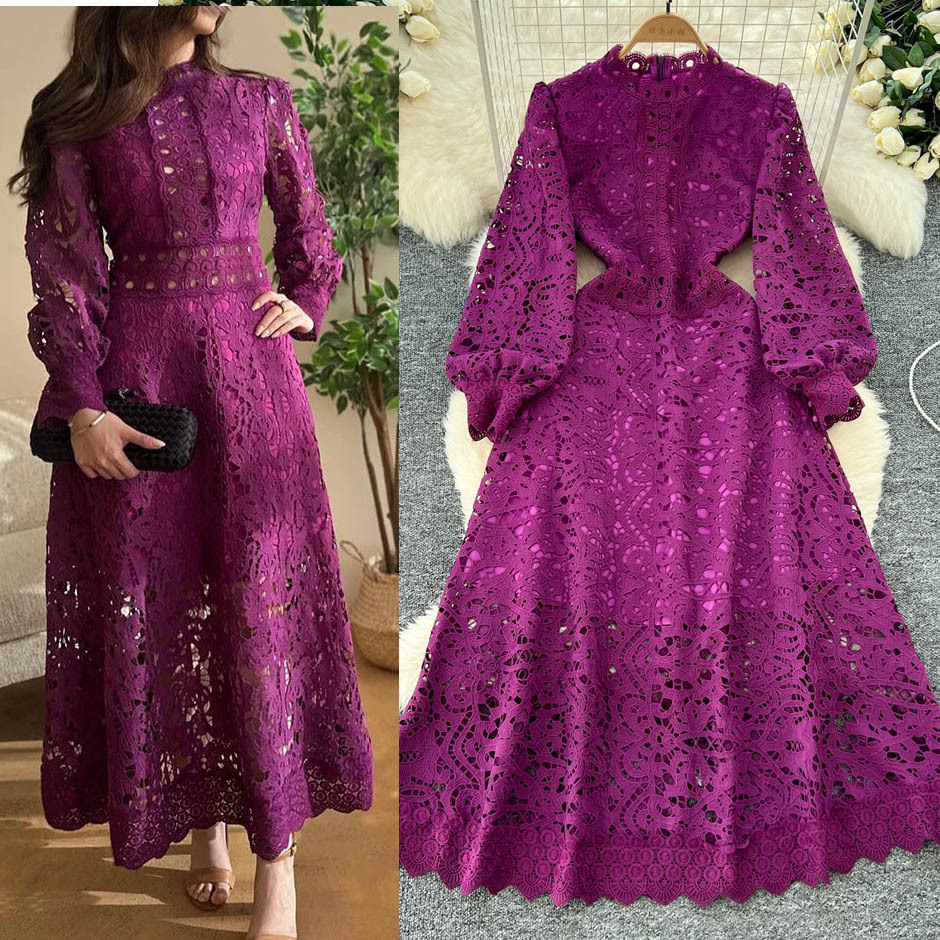 Robe longue en dentelle pour femmes, manches lanternes, ligne A, ajourée, taille haute, Streetwear, épissure élégante, mariage Y2k, blanc