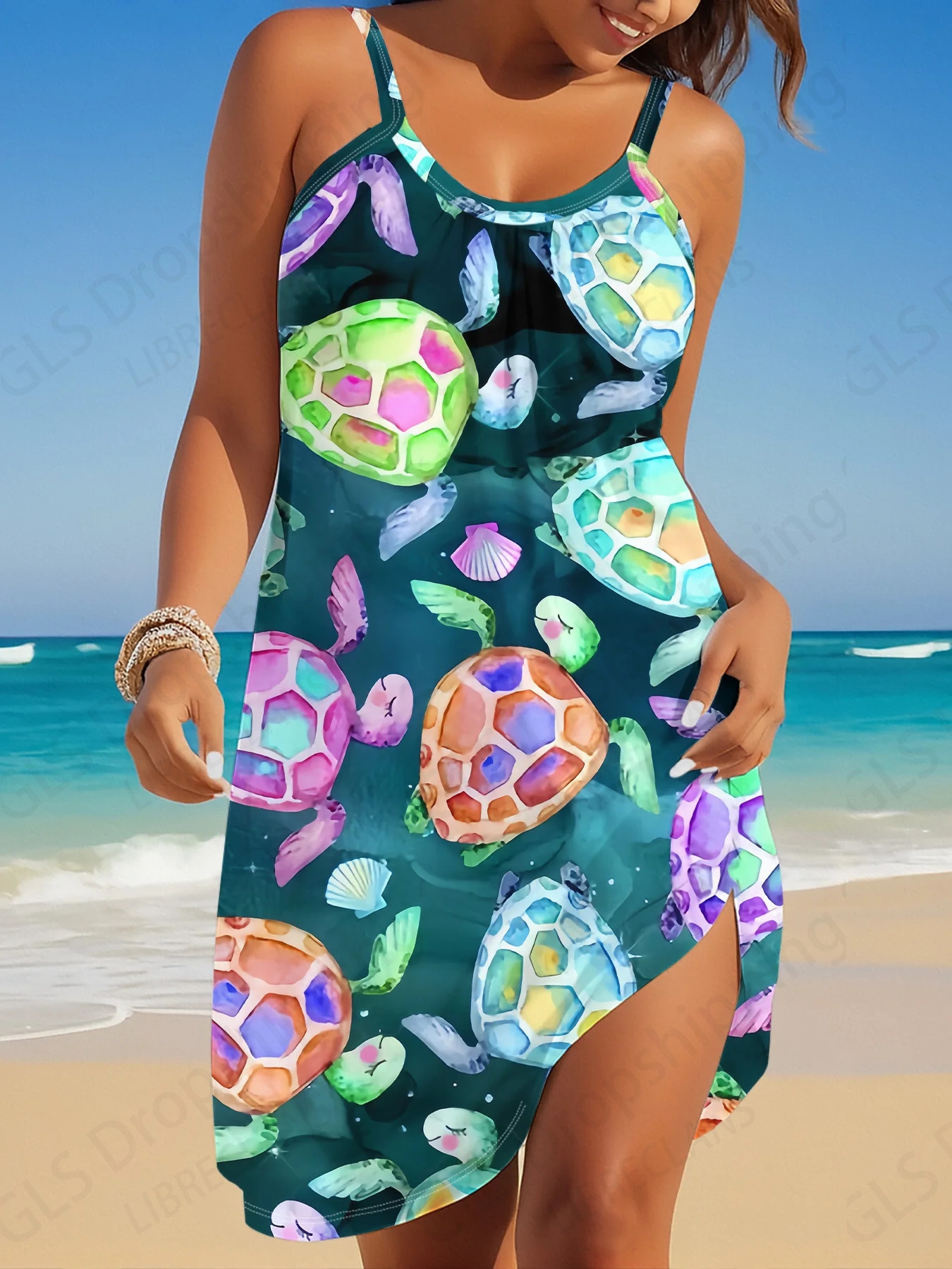 Robe de plage sans manches 3D tortue marine pour femme, style bohème, mini-robe à bretelles, élégante, décontractée, pour soirée, dégradé