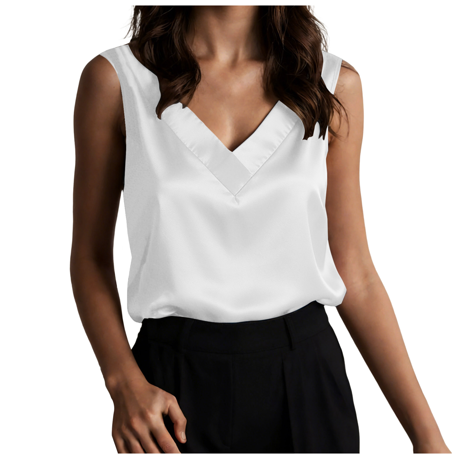 Chemisiers en satin de soie pour femmes, débardeurs décontractés à col en V, chemisiers sans manches pour le travail, chemisiers habillés d'été, tailles 2XL pour femmes