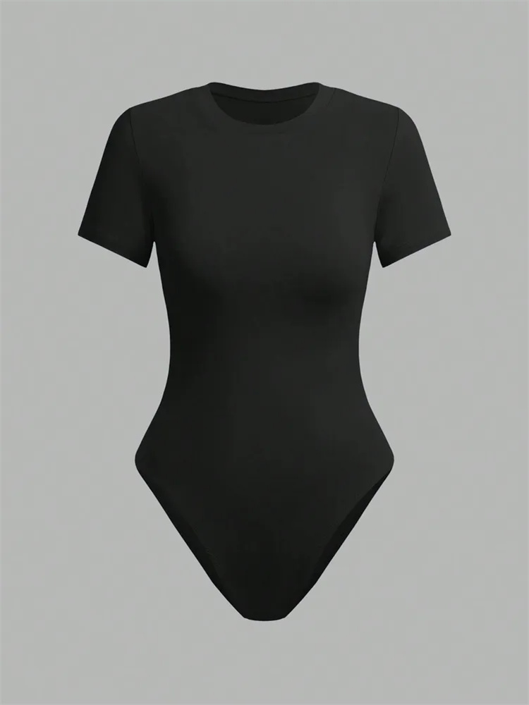 Body basique à manches courtes pour femmes, couleur unie, col rond, moulant, barboteuse, chemisier, Streetwear, été