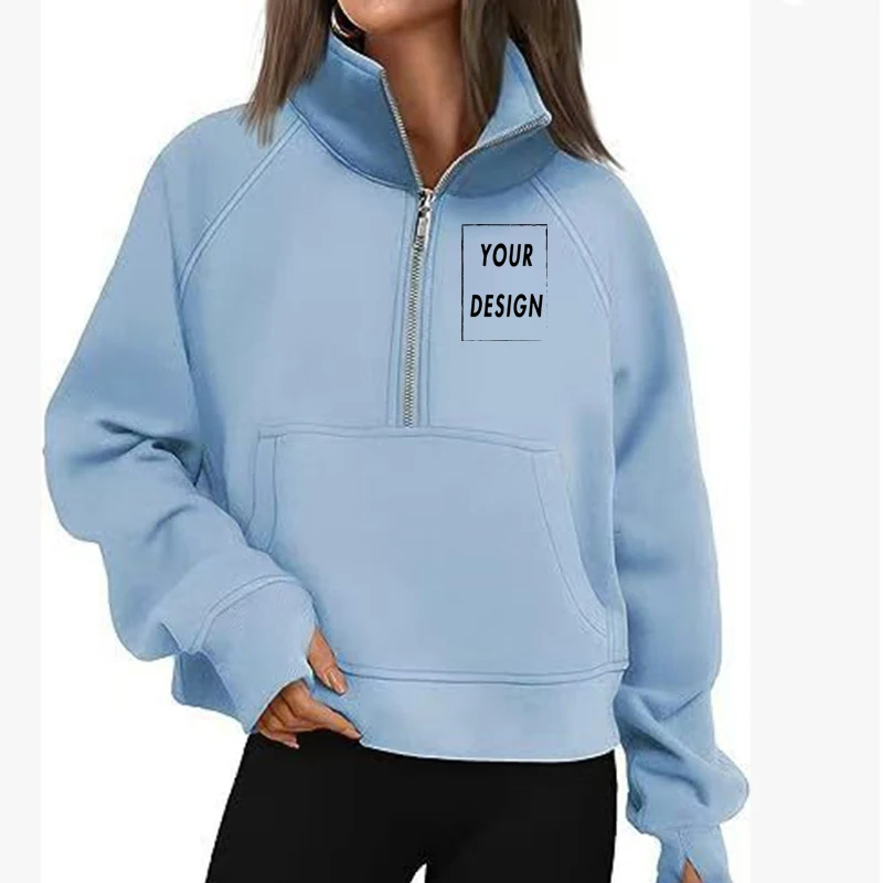 Sweat à capuche avec nom personnalisé pour femme : sweat à capuche, col haut, couleur unie, manches longues, coupe ample, design demi-fermeture éclair, avec casquette, haut