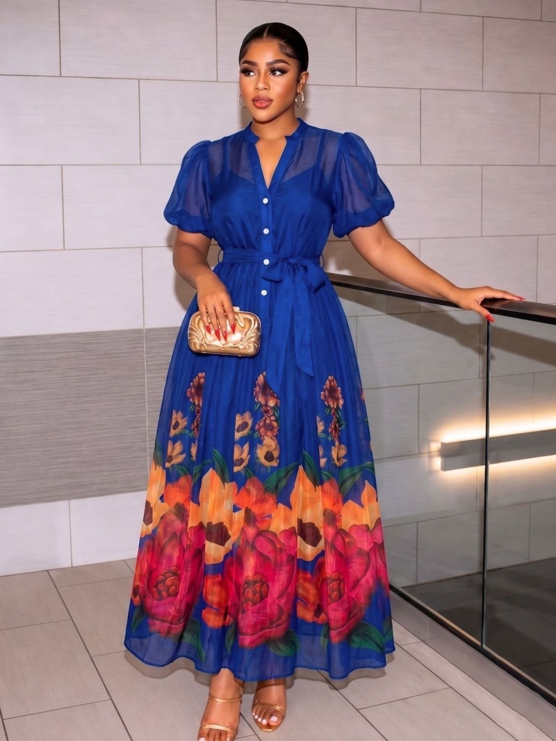 Robe longue maxi bohème à imprimé floral pour femme, collection été 2026, avec manches bouffantes et boutonnage simple, idéale pour les soirées et les vacances