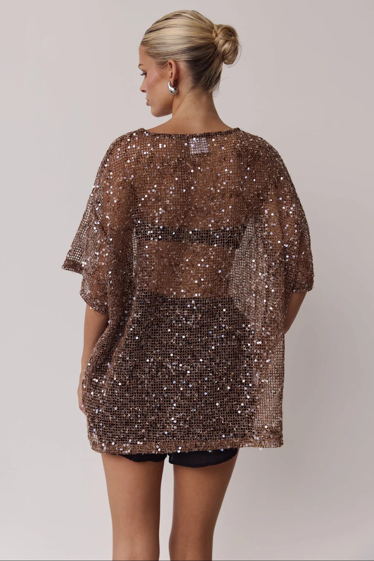 Chemisier Femme Transparent à Paillettes, Col Rond, Manches Courtes, Coupe Ample, Évidé, Nouvelle Collection Décontractée pour l'Été