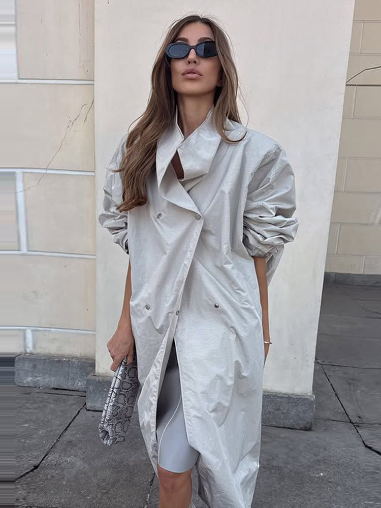 Manteau Trench Chic Effet Froissé Col Montant Manches Lanterne Amples Tissu Imperméable Anti-Plis Automne 2026 Manteaux Quotidiens pour Femme
