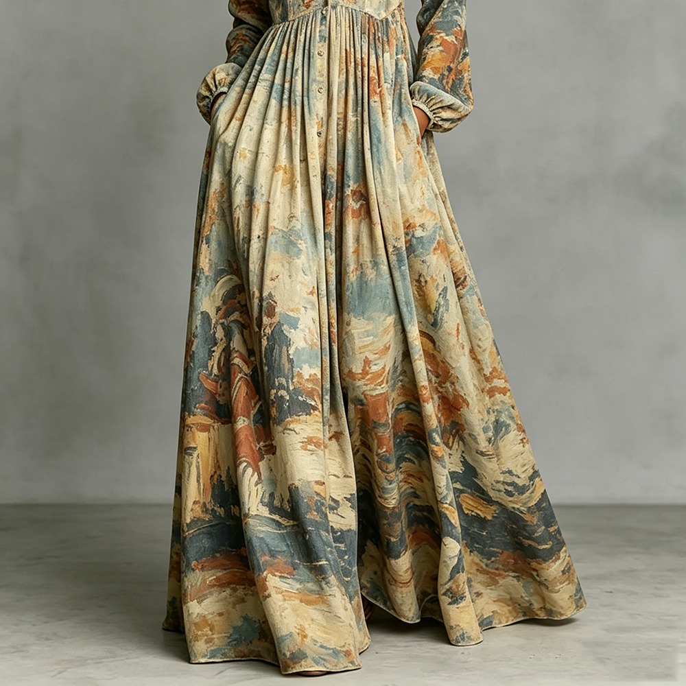 Robe longue vintage bohème pour femme à manches longues, imprimé artistique, boutonnée, taille haute, décontractée, élégante, pour soirée, tenue chic