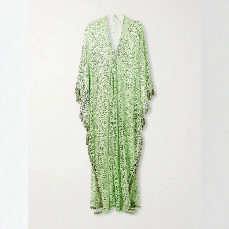 Robe longue caftan vert clair à sequins et franges, col en V profond, manches cloche, tenue de soirée, de plage ou de bal pour femme