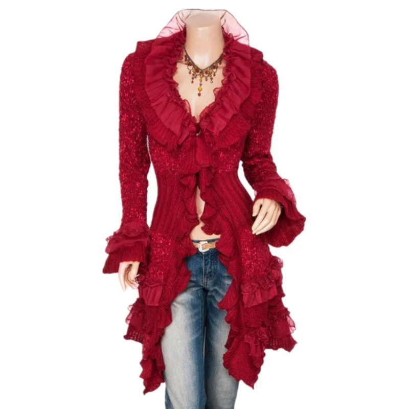 Cardigan long en tricot pour femme, veste mi-longue, manches évasées, dentelle à boutonnage simple, vintage
