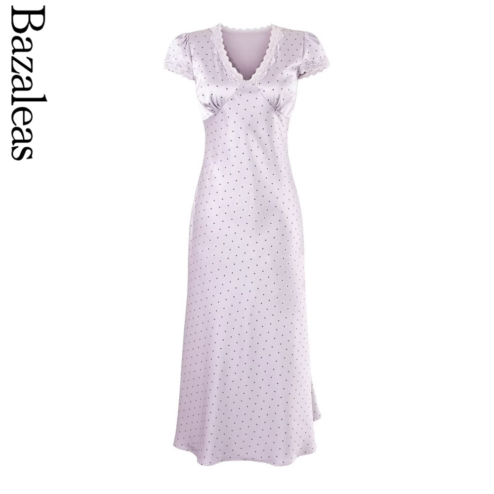 Robe MIDI en dentelle pour femmes, col en v, manches courtes, soirée, imprimé à pois violets, été, 2025